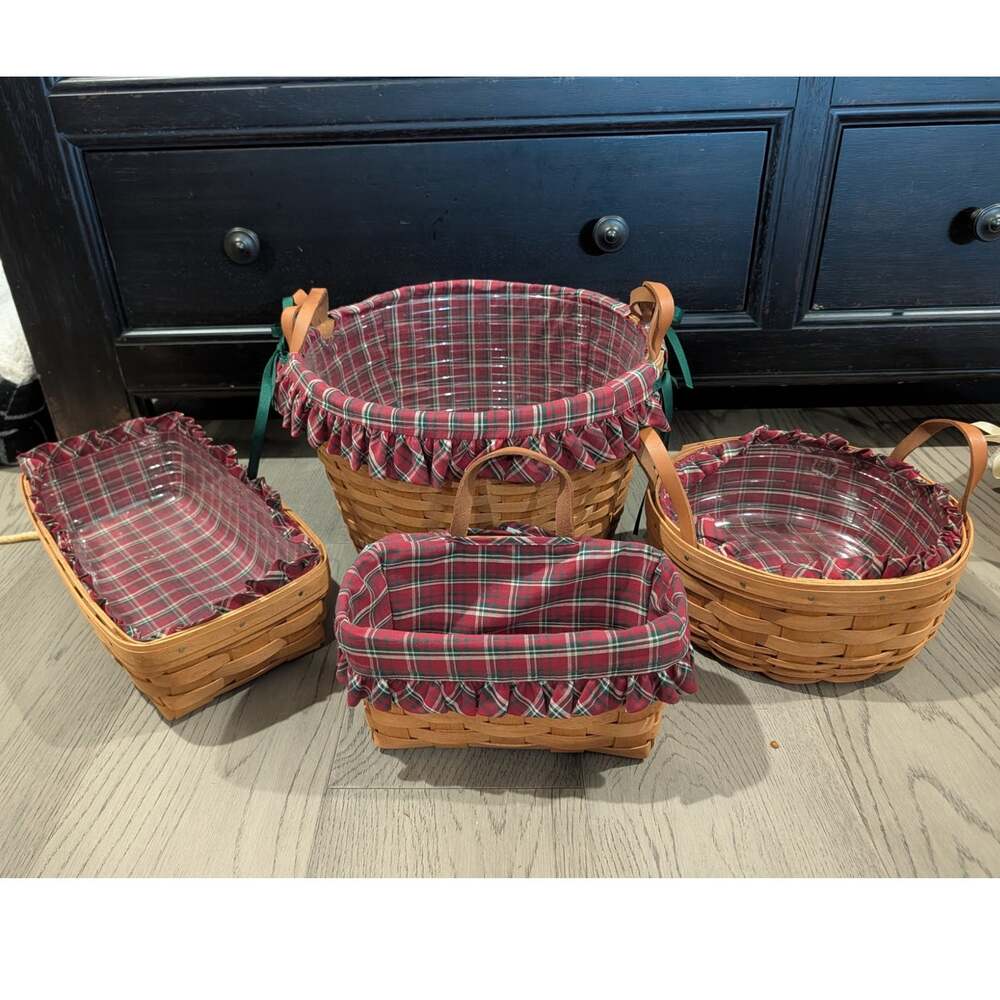 Set of 4 Vintage Longaberger Baskets with Red Plaid Liner 1992 1993